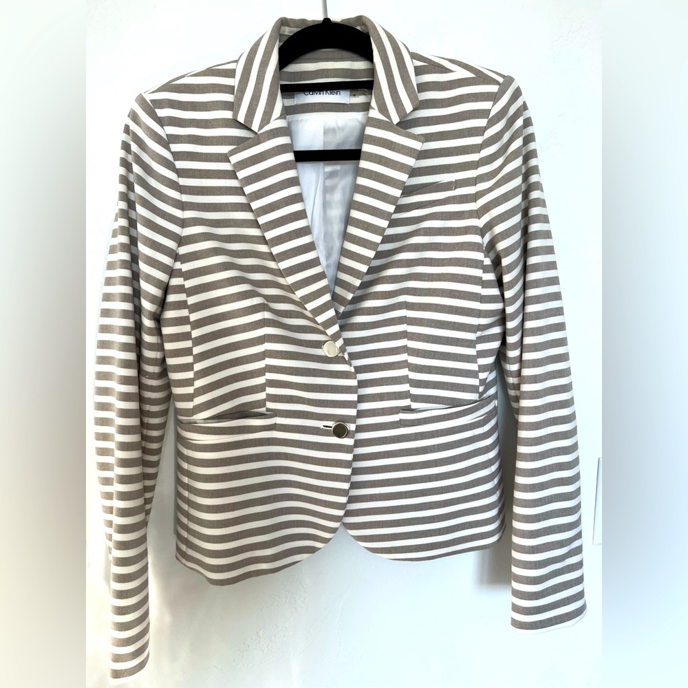 Calvin Klein Womens Blazer Grey Striped 2 Button Long Sleeve